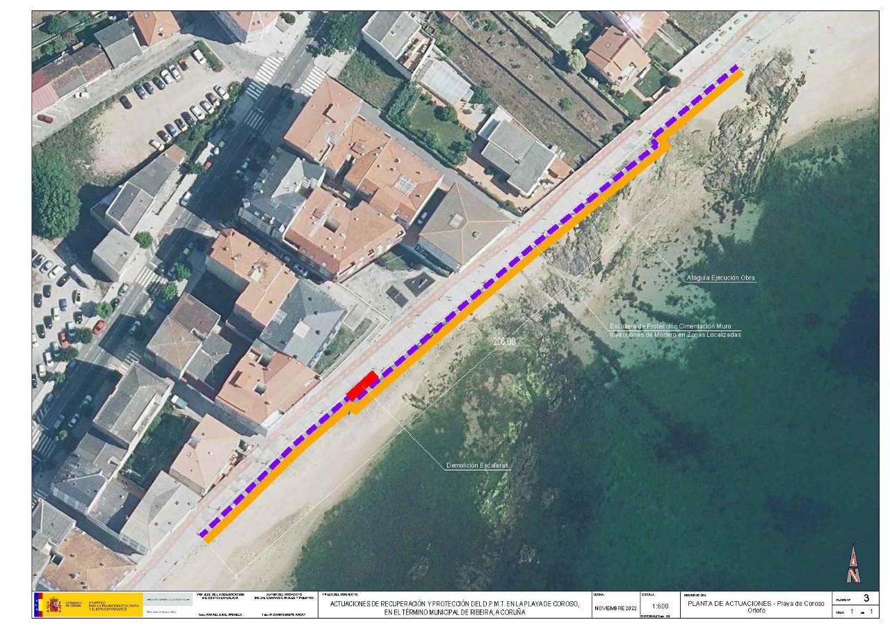 Actuaciones de recuperación y protección del borde litoral del DPMT en la Playa de Coroso, T.M. Ribeira