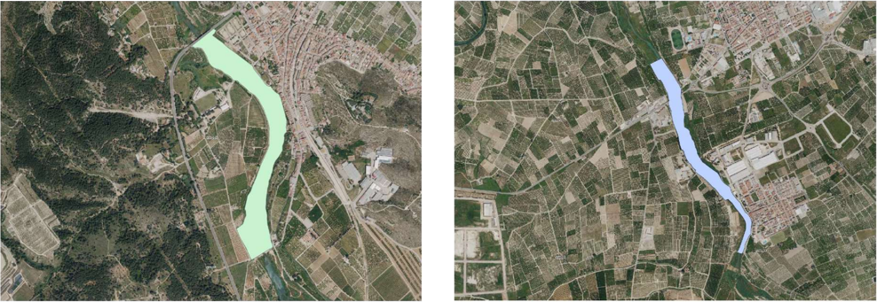 Zona de actuación a su paso por Manuel (tramo 1) y a su paso por Senyera y Castelló (tramo 2)