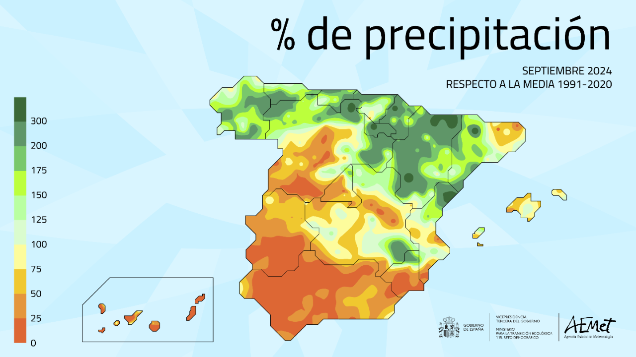 Mapa Porcentaje de precipitación respecto a la media de 1991-2020 en septiembre de 2024