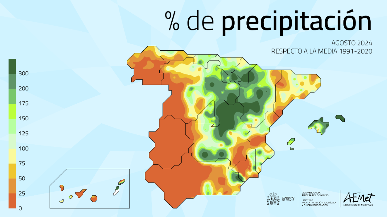 Porcentaje de precipitación respecto a la media de 1991-2020 en agosto de 2024